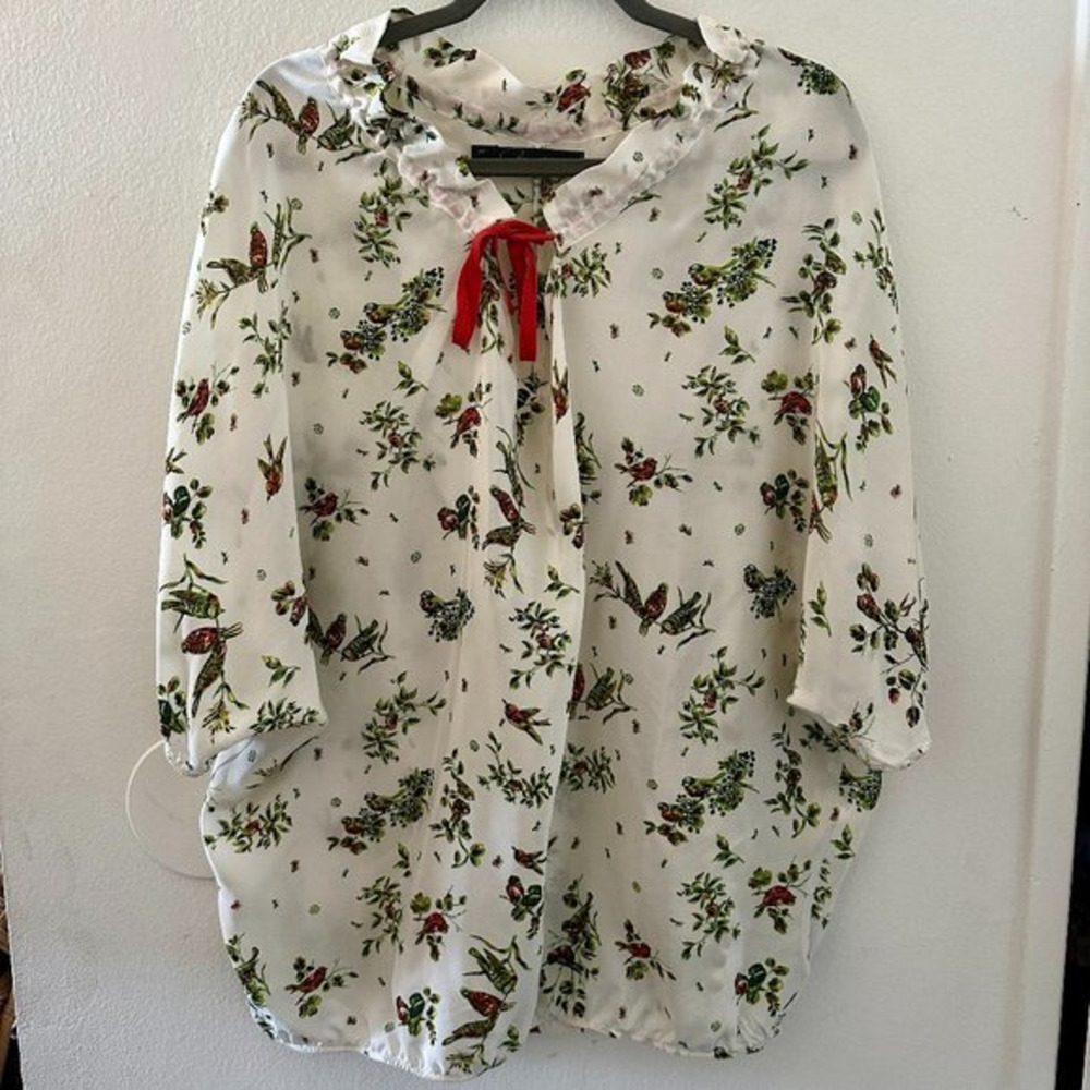 Patterson J. Kincaid Bird print Silk Blouse Top Bow‎ Front Elastic Women Medium.